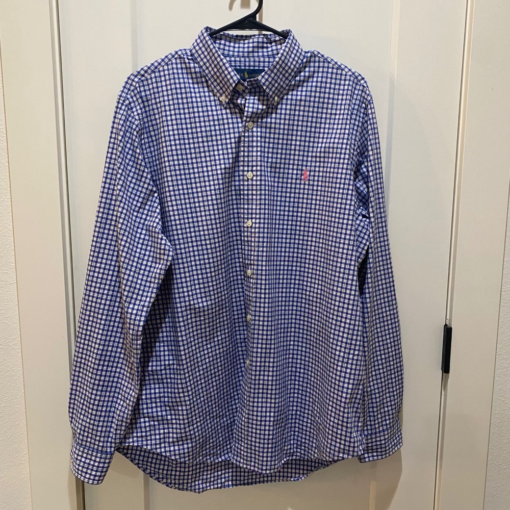 Ralph Lauren Mens Blue White Gingham Check Button Down Shirt Large Pink Pony